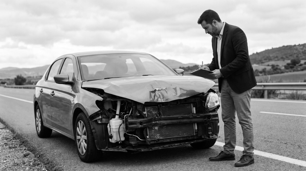 Perito inspeccionando un coche siniestrado tras un accidente de tráfico