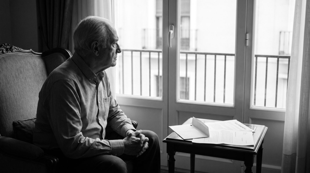Hombre mayor solo junto a la ventana con su testamento