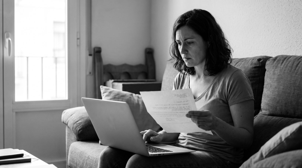 Mujer preocupada leyendo una carta de inclusión en un registro de morosos