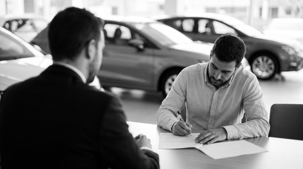 Firma del contrato de compra de un coche en un concesionario