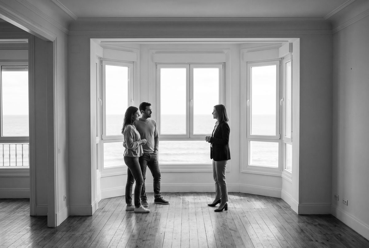 Pareja visitando un piso en venta junto al mar